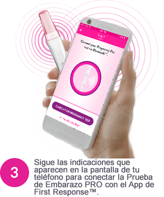 Prueba de Embarazo First Response Pro y App de First Response en dispositivo móvil en la mano