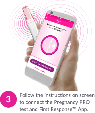 First Response Pregnancy Pro test and First Response App on mobile device in hand